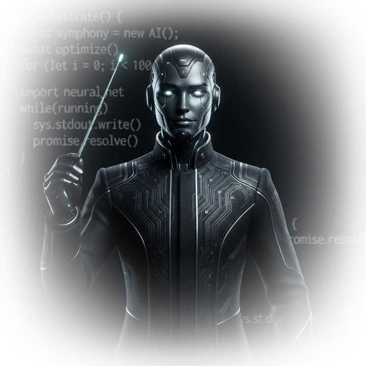 The Maestro — an AI conductor rendered in charcoal and silver, baton glowing, streams of code behind